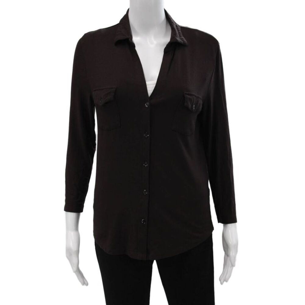 Majestic Filatures Women Collared Brown Long Sleeve Button Up Top Size 1